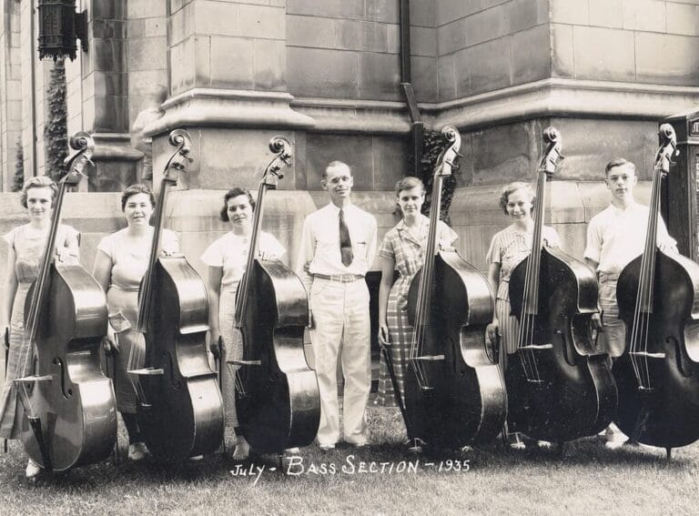A black and white photo the 1936 bass section