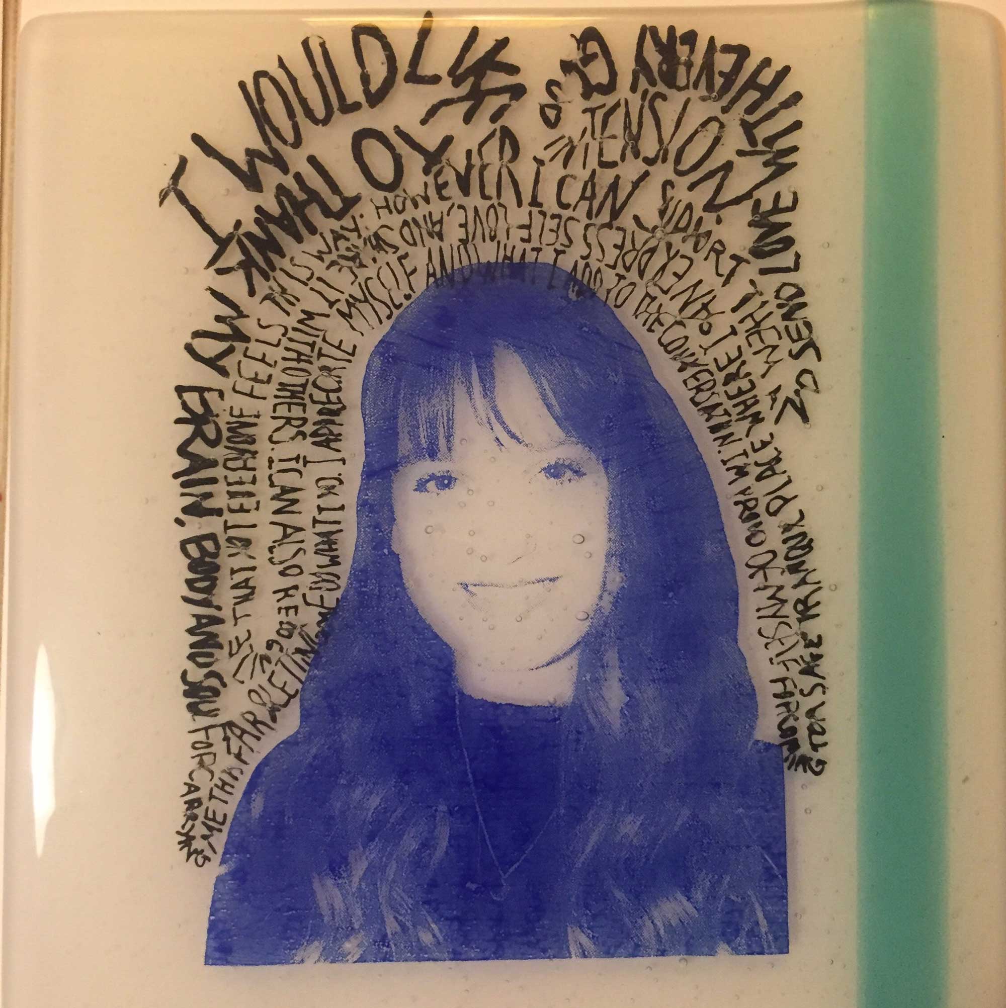 Screen print of Fiona with words around her head
