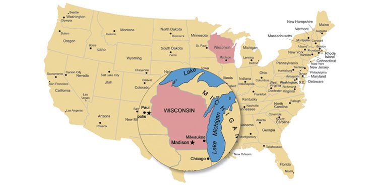 A map of the US with an inset image of Wisconsin and a star where Madison is located.