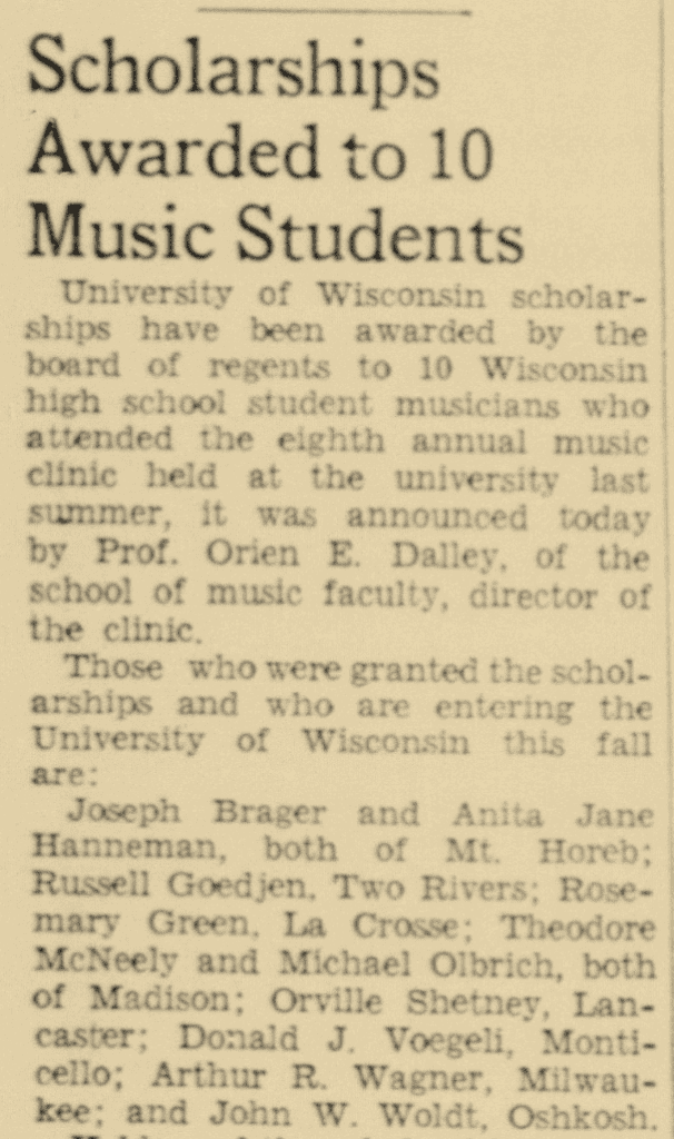Newspaper clipping titled "Scholarships Awarded to 10 Music Students"